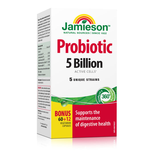 Jamieson Probiotic 5 Billion Active Cells, Bonus Size, Supports Digestive Health and Microbial Diversity. 5 Unique Strains, Including Lactobacillus and Bifidobacterium, Non-GMO, Gluten-Free, 72 Vegetarian capsules - Available at All In One Marketplace Canada