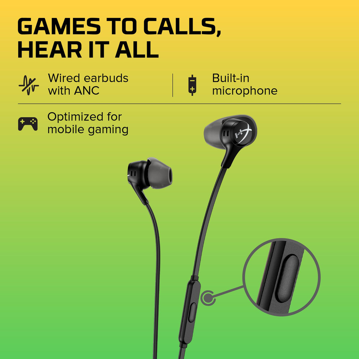 HyperX Cloud Earbuds II – 14mm Drivers, Four Eartips, Hard-Shell Carrying Case, Low-Profile 90° Plug, 3.5mm Plug, Built-in Microphone, Multi-Function Button, PC, Mobile, Nintendo Switch – Black