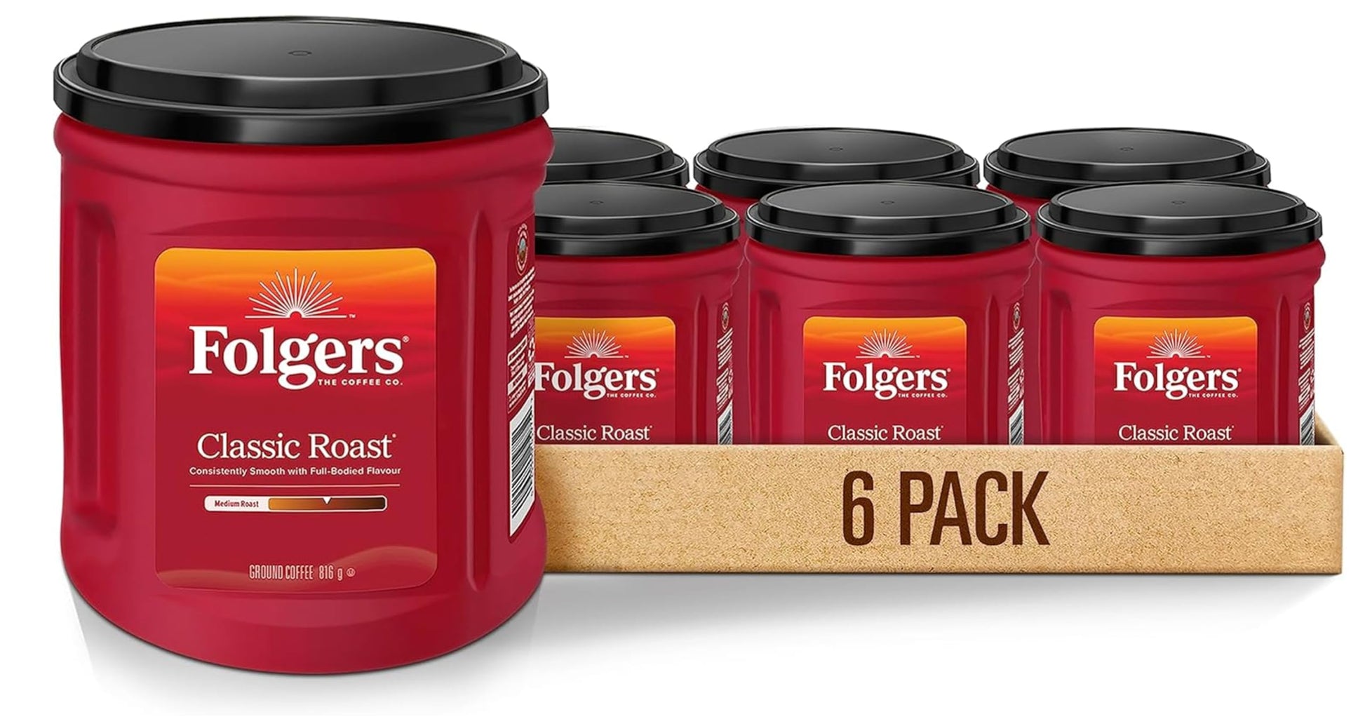 Folgers Classic Roast Medium Roast Ground Coffee, 816 g Multi-Pack (6 Canisters)