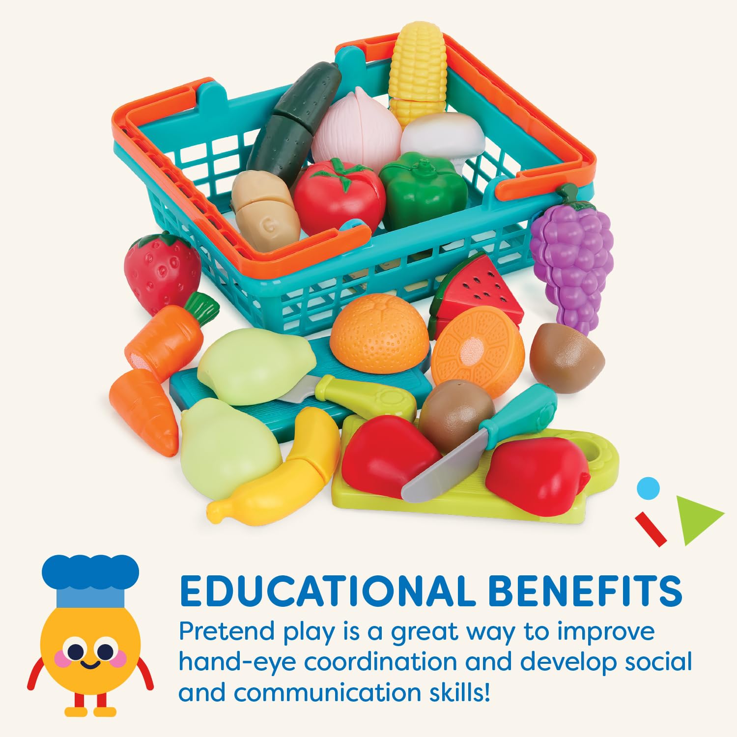 Battat Play Food Farmers Market Produce Basket, 37-Piece Green Set, Playset Battat