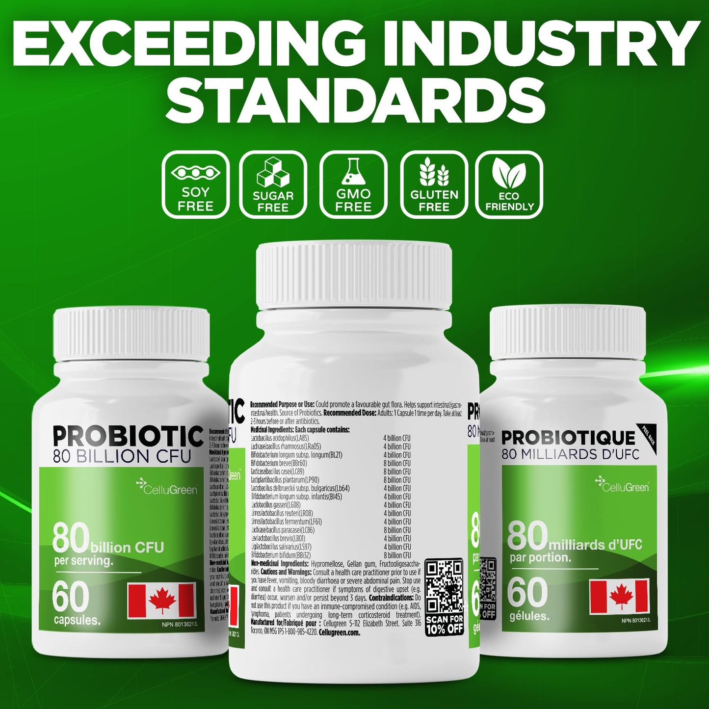 CelluGreen Probiotics 80 Billion CFU for Men & Women – 15 Strains – Digestive & Gut Health Support – Bloating & Gas Relief – Shelf Stable, Vegan, Non-GMO – 60 Capsules - Available at All In One Marketplace Canada