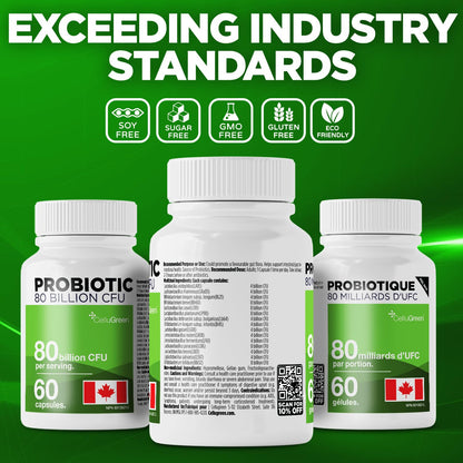 CelluGreen Probiotics 80 Billion CFU for Men & Women – 15 Strains – Digestive & Gut Health Support – Bloating & Gas Relief – Shelf Stable, Vegan, Non-GMO – 60 Capsules - Available at All In One Marketplace Canada