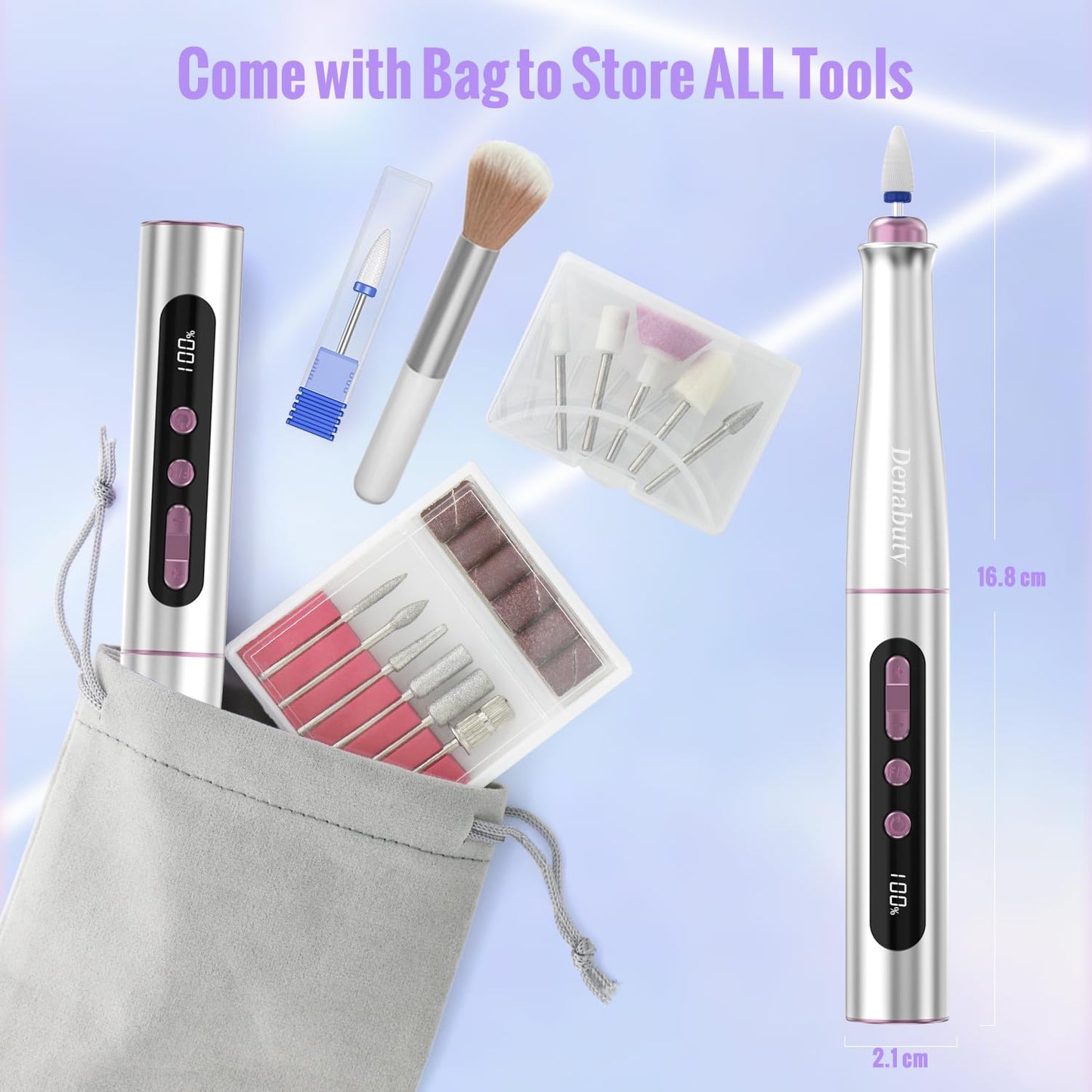 Denabuty Cordless Electric Nail Drill Machine, 13 in 1 Nail File Kit 35000RPM Professional Portable Rechargeable E File for Acrylic Polish Gel Removal Manicure Pedicure Set with 5 Speeds DN-2402 - Available at All In One Marketplace Canada