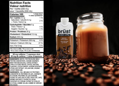 BRÜST Mocha Protein Coffee - Rich Chocolate Flavor with 20g Protein & 50mg Caffeine, 330mL, 12-Pack