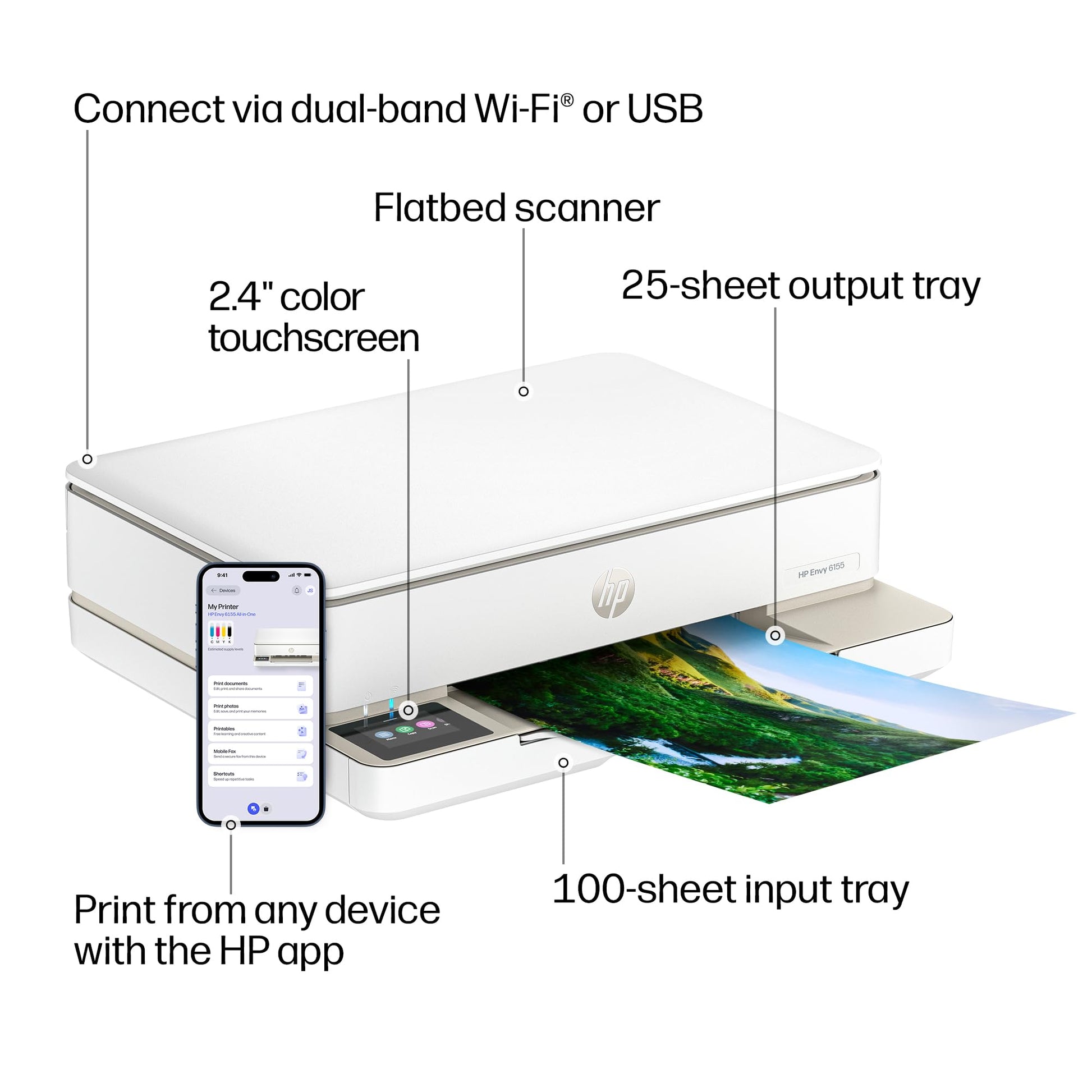 HP Envy 6155 Wireless All in One Color Inkjet Printer; Print, Scan, Copy, Duplex Printing Best-for-Home, 3 Month Trial of Instant Ink Included, AI-Capable (C2WR7A) Portobello HP