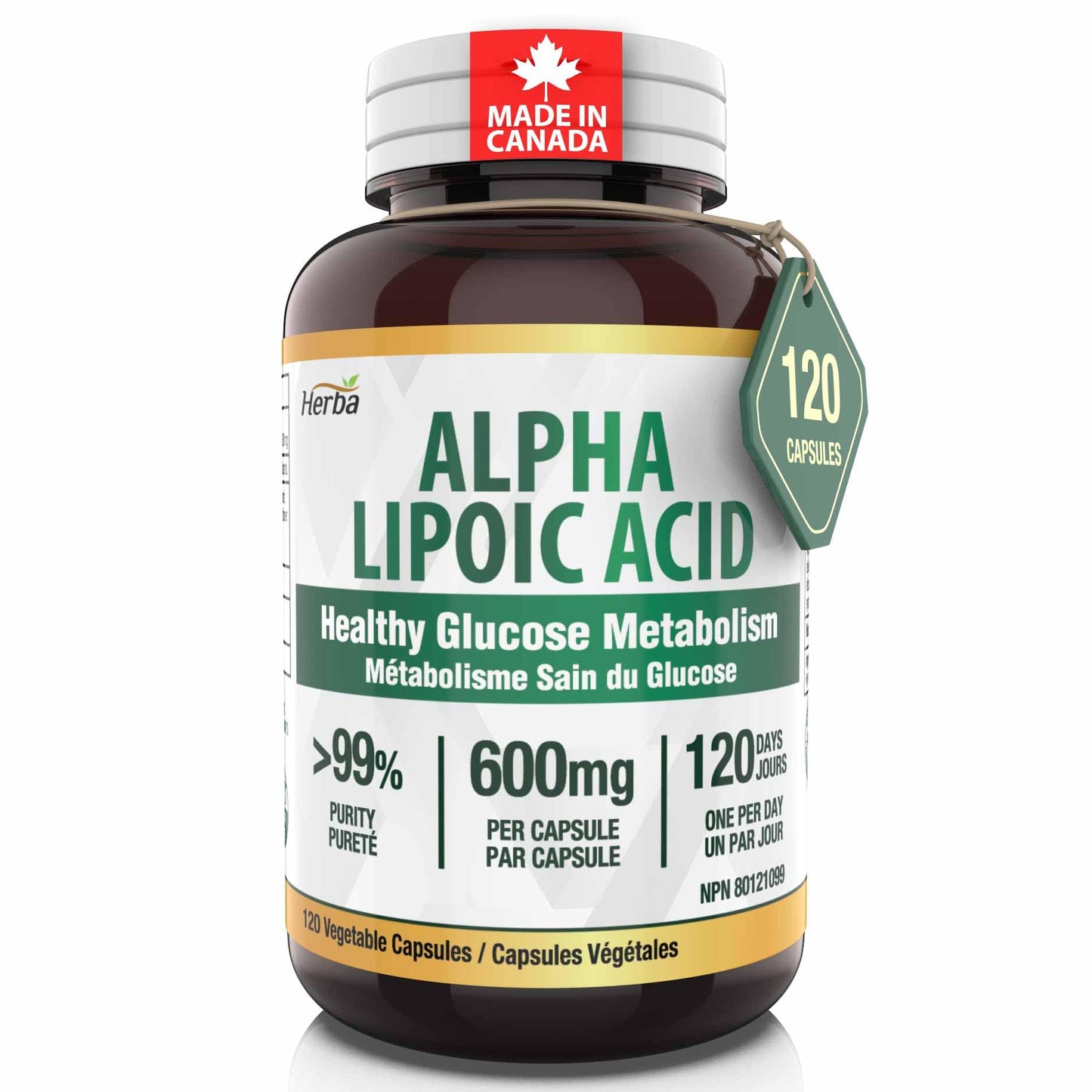 Herba Alpha Lipoic Acid 600mg – 120 Capsules | >99% Ultra Pure | Made in Canada | Blood Sugar Support Supplement - Available at All In One Marketplace Canada