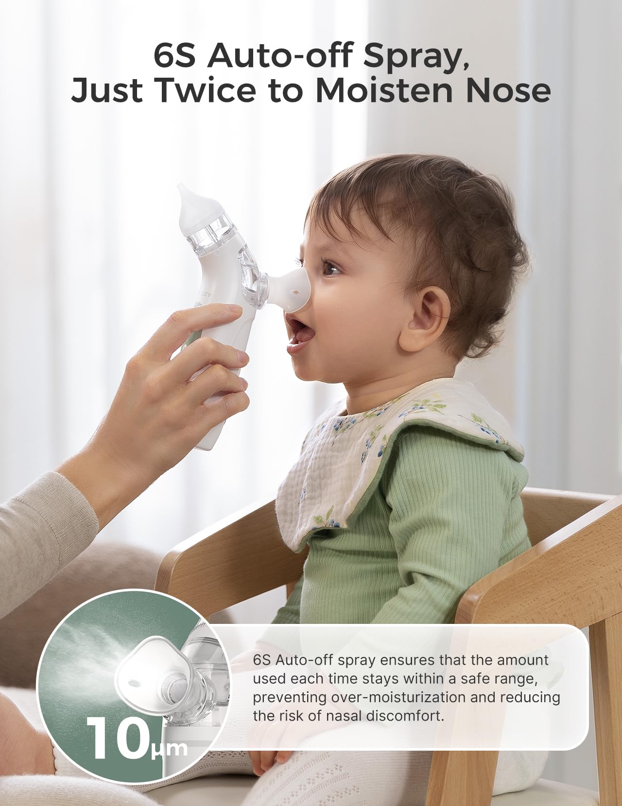 Momcozy BreezyClear™ Aspirateur nasal électrique 2-en-1 avec spray et aspiration pour bébé, 4 niveaux d'aspiration réglables jusqu'à 65kPa (qualité hospitalière), nettoyeur de nez silencieux et portable avec lumière apaisante et musique