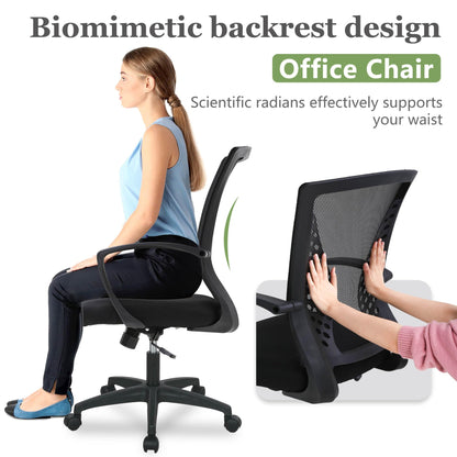Home Office Chair Mid Back PC Swivel Lumbar Support Adjustable Desk Task Computer Ergonomic Comfortable Mesh Chair with Armrest (Dark Black)