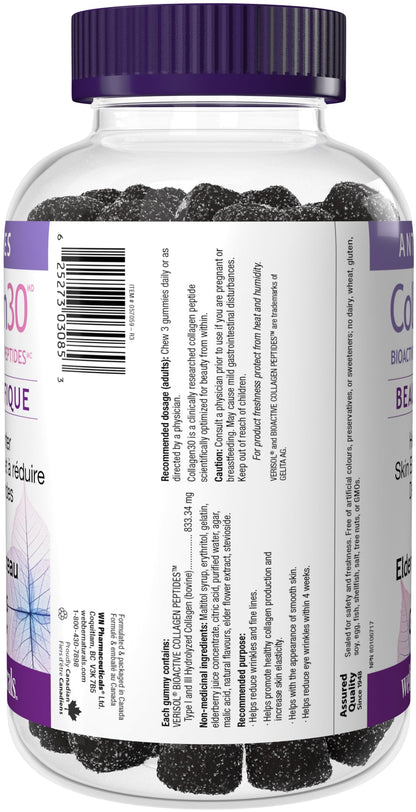 Webber Naturals Collagen30 Anti-Wrinkle Gummy, 2,500mg of Bioactive Collagen Peptides Per Serving, 110 Gummies, Helps Reduce Deep Wrinkles, Fine Lines & Stimulates Skin Cells - Available at All In One Marketplace Canada