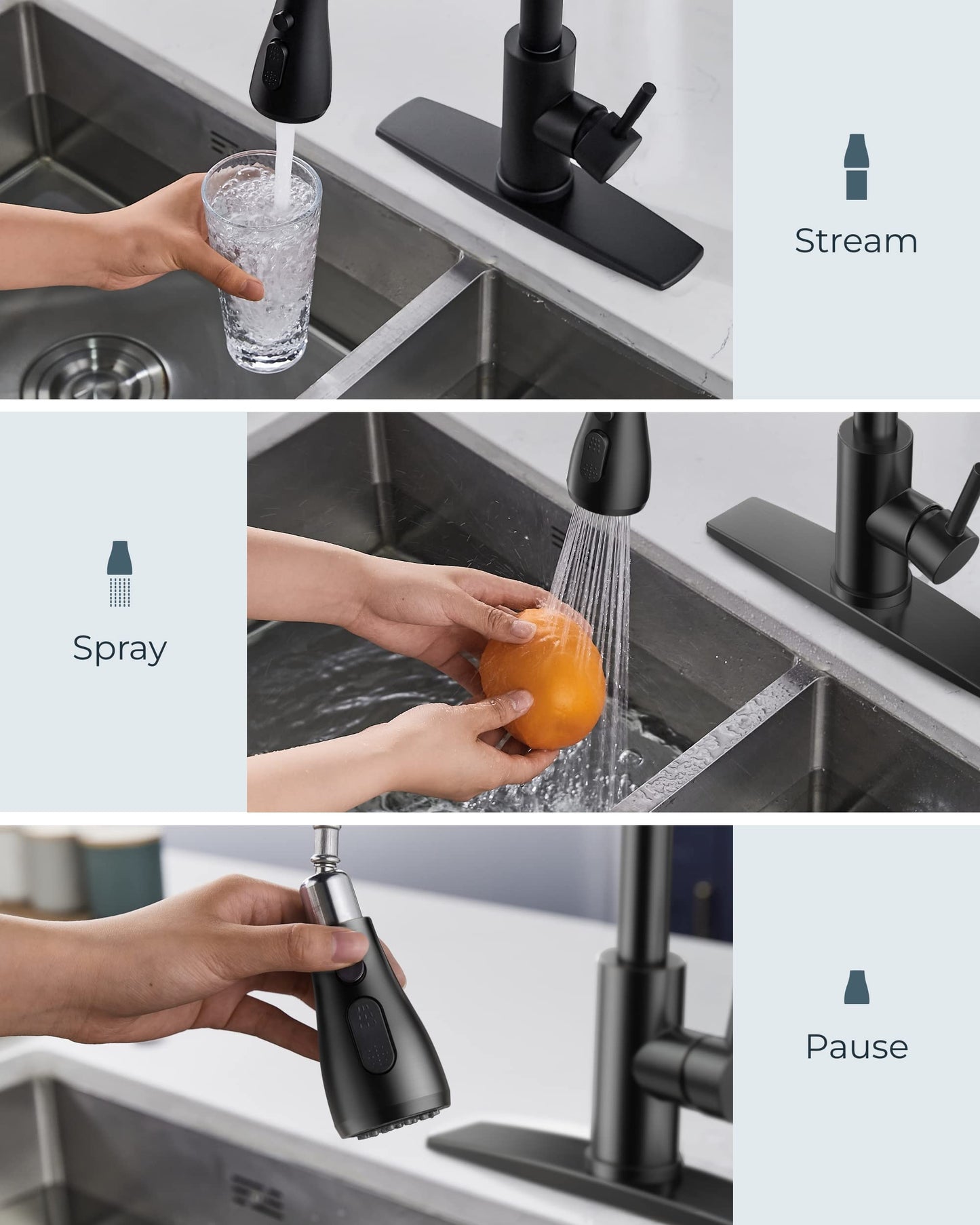 FORIOUS Black Kitchen Faucets with Pull Down Sprayer, Kitchen Sink Faucet with Pull Out Sprayer, Fingerprint Resistant, Single Hole Deck Mount, Single Handle Copper Kitchen Faucet, Matte Black