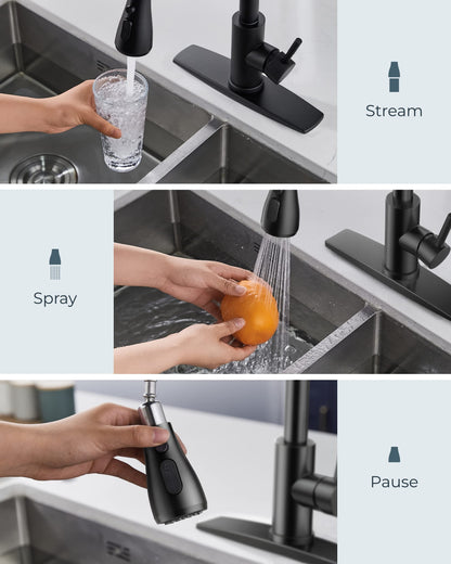 FORIOUS Black Kitchen Faucets with Pull Down Sprayer, Kitchen Sink Faucet with Pull Out Sprayer, Fingerprint Resistant, Single Hole Deck Mount, Single Handle Copper Kitchen Faucet, Matte Black