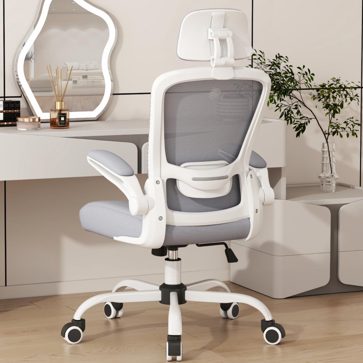Mimoglad Office Chair, Comfy Desk Chair - High Back Ergonomic Computer Chair with Adjustable Lumbar Support & Headrest, Flip-up Armrests for Guitar Playing (Moon Grey)