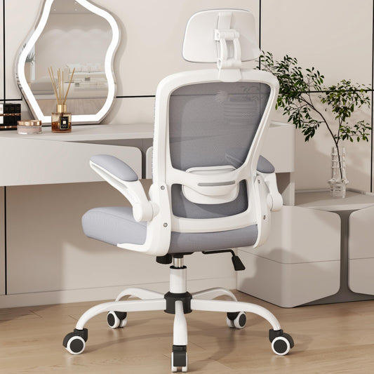 Mimoglad Office Chair, Comfy Desk Chair - High Back Ergonomic Computer Chair with Adjustable Lumbar Support & Headrest, Flip-up Armrests for Guitar Playing (Moon Grey)