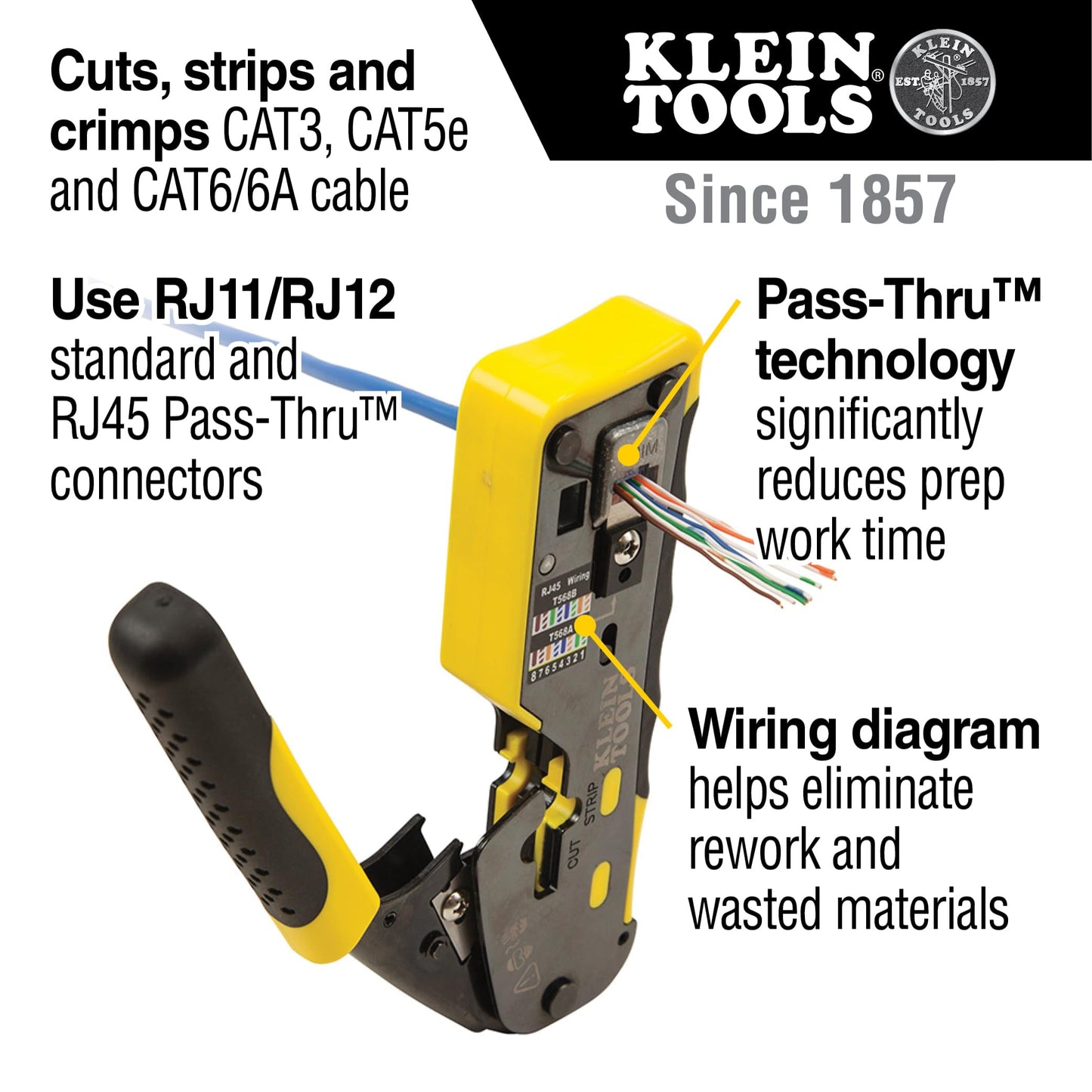 Klein Tools VDV226-110 Ratcheting Modular Data Cable Crimper/Wire Stripper/Wire Cutter for RJ11/RJ12 Standard, RJ45 Pass-Thru Connectors KLEIN TOOLS