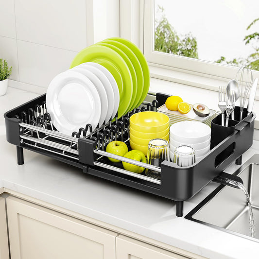 Urackify Extendable Dish Drying Rack, Dual Part Dish Drainers with Non-Scratch and Movable Cutlery Drainer and Drainage Spout, Adjustable Dish Rack for Kitchen,Black - Available at All In One Marketplace Canada