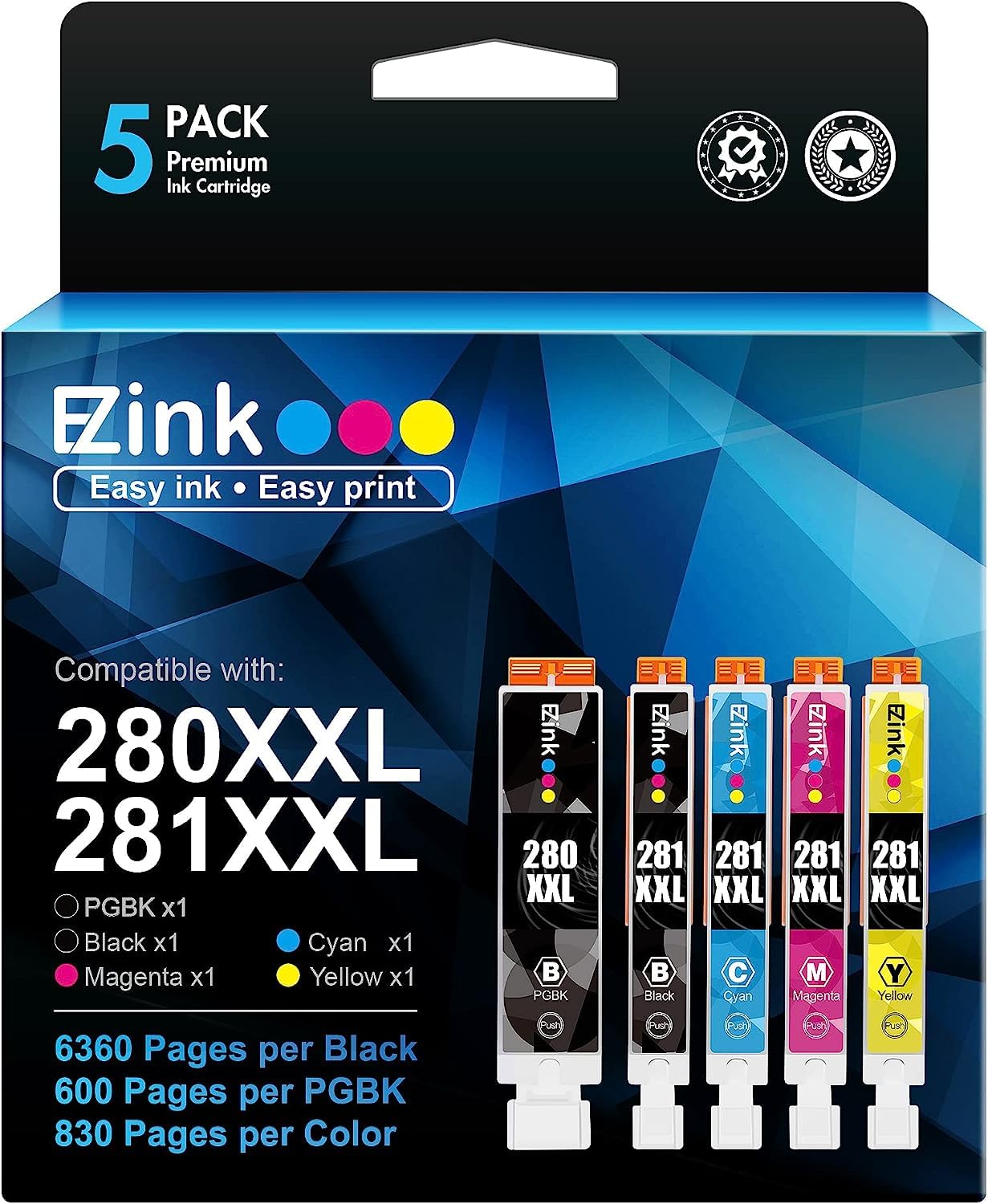 E-Z Ink (TM) Compatible Ink Cartridge Replacement for Canon PGI-280XXL CLI-281XXL 280 XXL 281 XXL Compatible with TR8620a TR8620 TS702a TS9520 TS9521C TR8520 TS6220 TS6320 TS8220 (5 Pack) 🍁 All In One Marketplace Canada