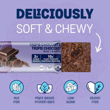 Hungry Buddha Plant-Based Protein Bars - Triple Chocolate, Low Sugar, High Protein (Pack of 12)