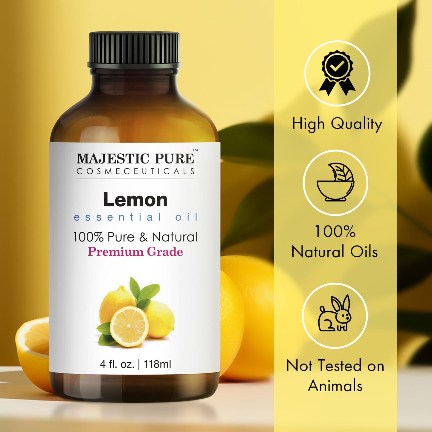 Majestic Pure Lemon Essential Oil - Huge 118 ml - 100% Pure and Natural Oil for Soap Making Scent- Premium Grade with Glass Dropper