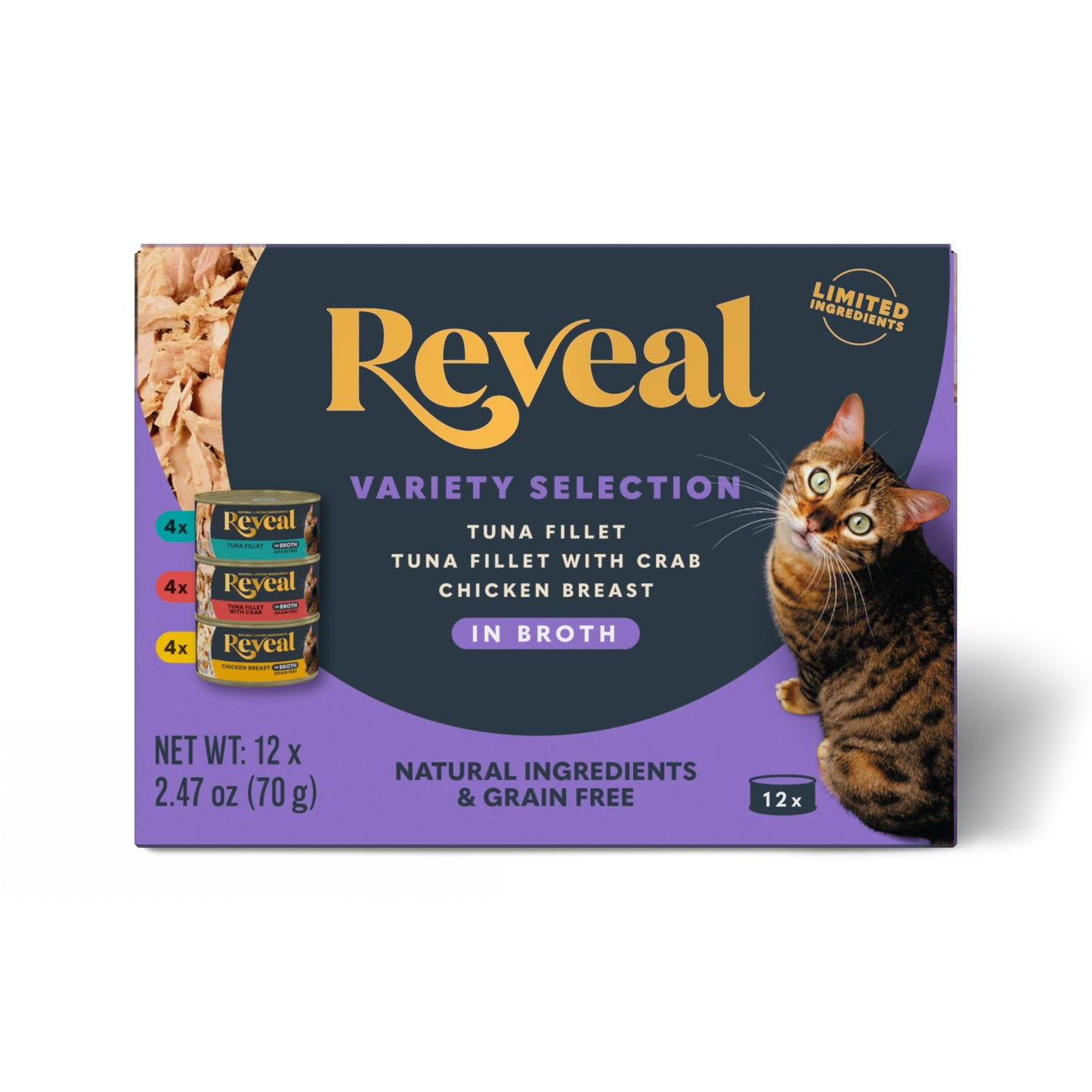 Reveal Natural Wet Cat Food in Broth, Limited Ingredient Grain Free Canned Cat Food, Protein with No Artificial Additives, Fish & Chicken Variety in Broth (12 x 2.47 oz Cans) Reveal