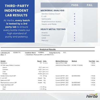 Herba Glutathione Supplement 500mg - 60 Vegetable Capsules | L Glutathione Reduced Active Form | Super Glutathione 500mg Capsule for Antioxidants | >98.5% Purity | Made in Canada - Available at All In One Marketplace Canada