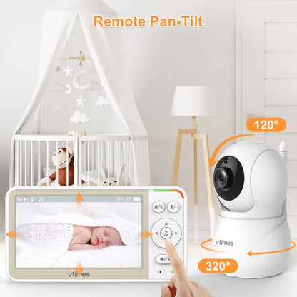 VTimes Baby Monitor No WiFi, 5" Screen Video Baby Monitor with 32Hr Battery, Pan-Tilt-Zoom Camera, VOX Mode, Two-Way Audio, Night Vision, Temperature Display, Lullabies, 1000ft Long Range