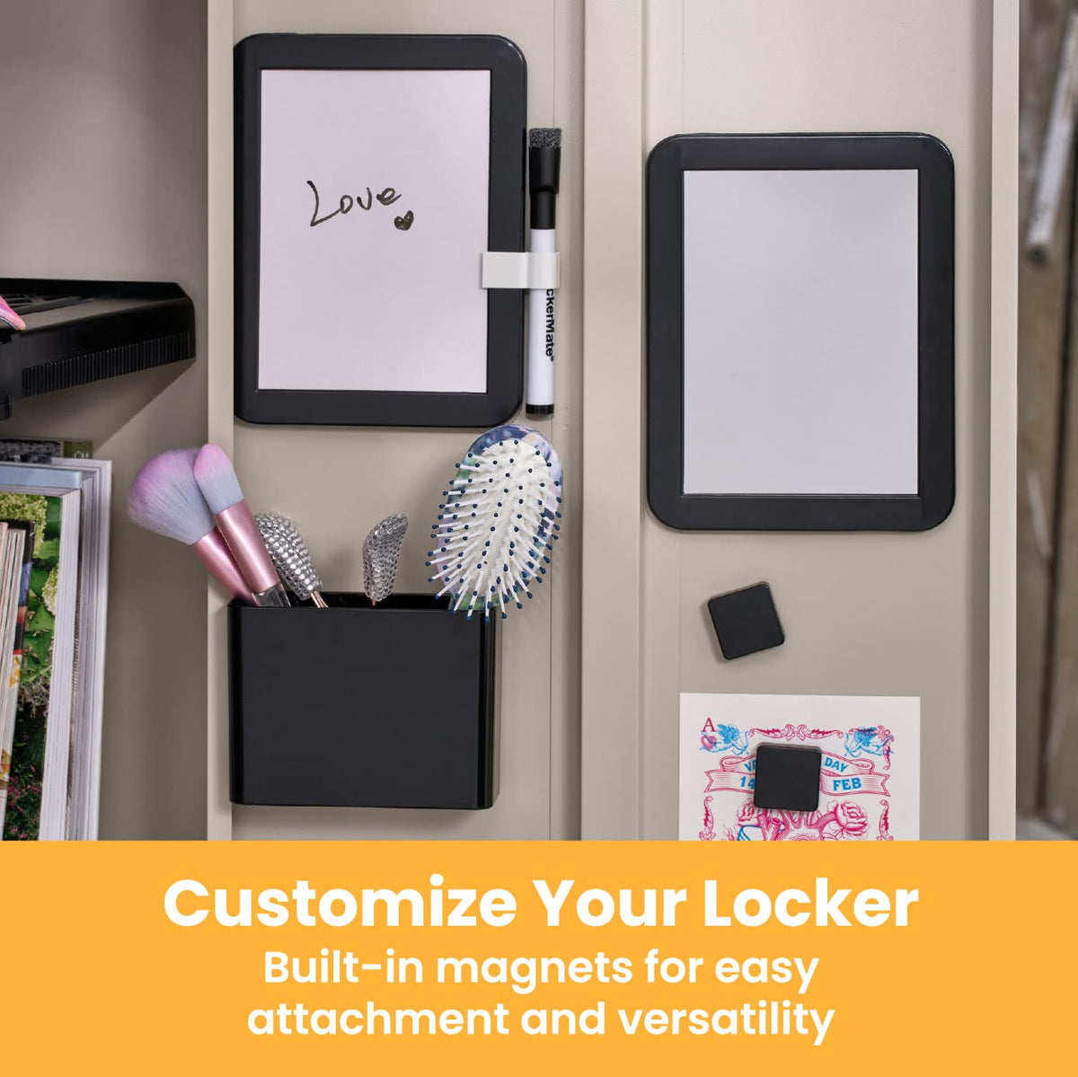 LockerMate 6-Piece Locker Organizer Kit, Includes Mirror, Whiteboard, Storage Cup & Dry Erase Marker, Black (5096-BLK)
