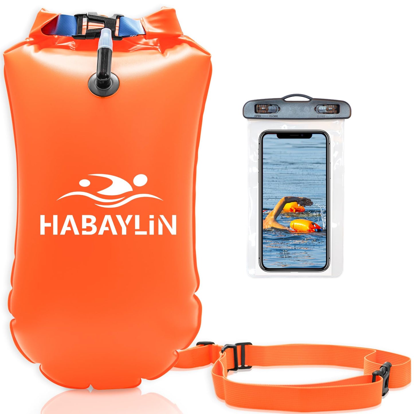 20L Swim Buoy, Swim Buoy with Storage for Kids and Adults, Waterproof Inflatable Dry Bag Swim Safety Float for Water Sports, Open Water Swimmers, Triathletes, Kayakers and Snorkelers, Orange