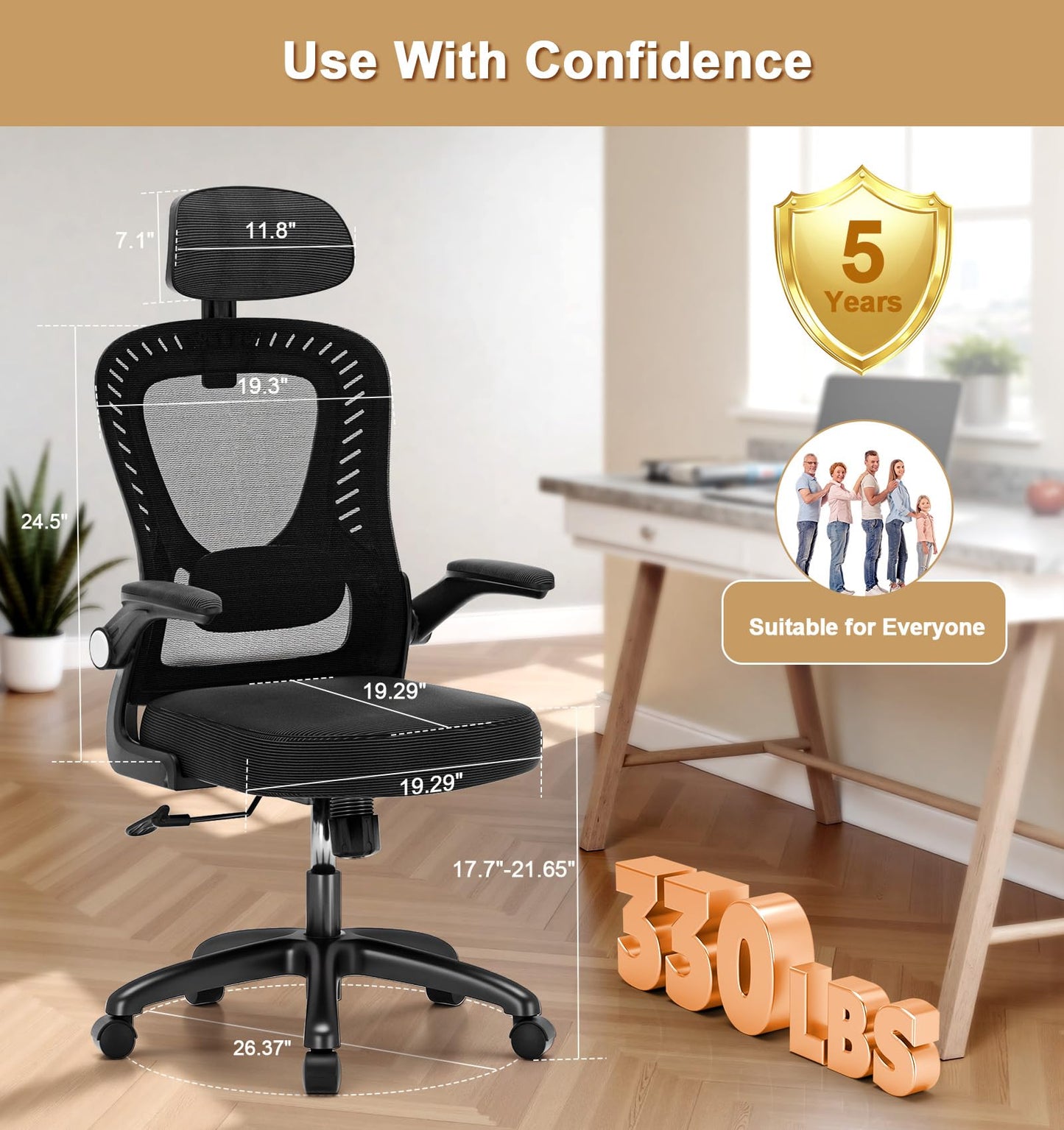 Office Chair, SPRDENG Ergonomic Office Chair with Two-Way Adjustable Lumbar Support & Headrest, High Back S-Shaped Computer Chair with Flip-up Padded Armrests, Swivel Task Chair for Home Office - Available at All In One Marketplace Canada