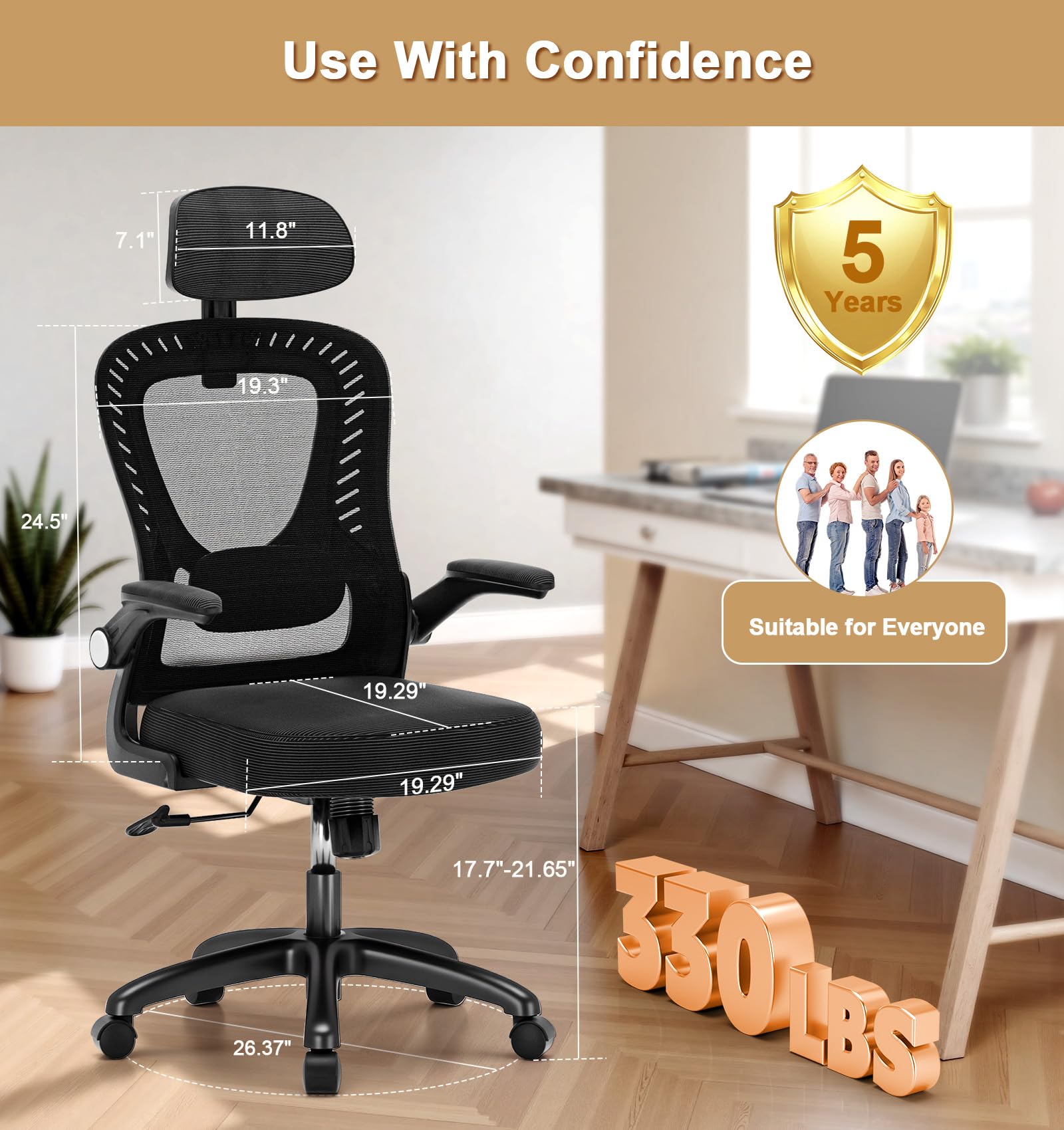 Office Chair, SPRDENG Ergonomic Office Chair with Two-Way Adjustable Lumbar Support & Headrest, High Back S-Shaped Computer Chair with Flip-up Padded Armrests, Swivel Task Chair for Home Office - Available at All In One Marketplace Canada