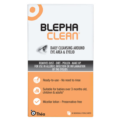 Thea Pharma BlephaClean Lid Wipes - Gentle, Sterile Ready-to-Use for Daily Lid Care, Ideal for those diagnosed with Dry Eye, including MGD & Blepharitis and Infants, Individually Wrapped - 30 Wipes - Available at All In One Marketplace Canada