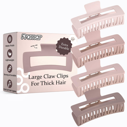 FRAMAR Hair Claw Clips for Thick Hair – Large Claw Clip for Thick Hair, Hair Clips for Girls, Large Hair Clips for Thick Hair, Big Hair Clips for Women, Pince a Cheveux, Pink Hair Clip – 4 Pack (Blush - Rectangle)