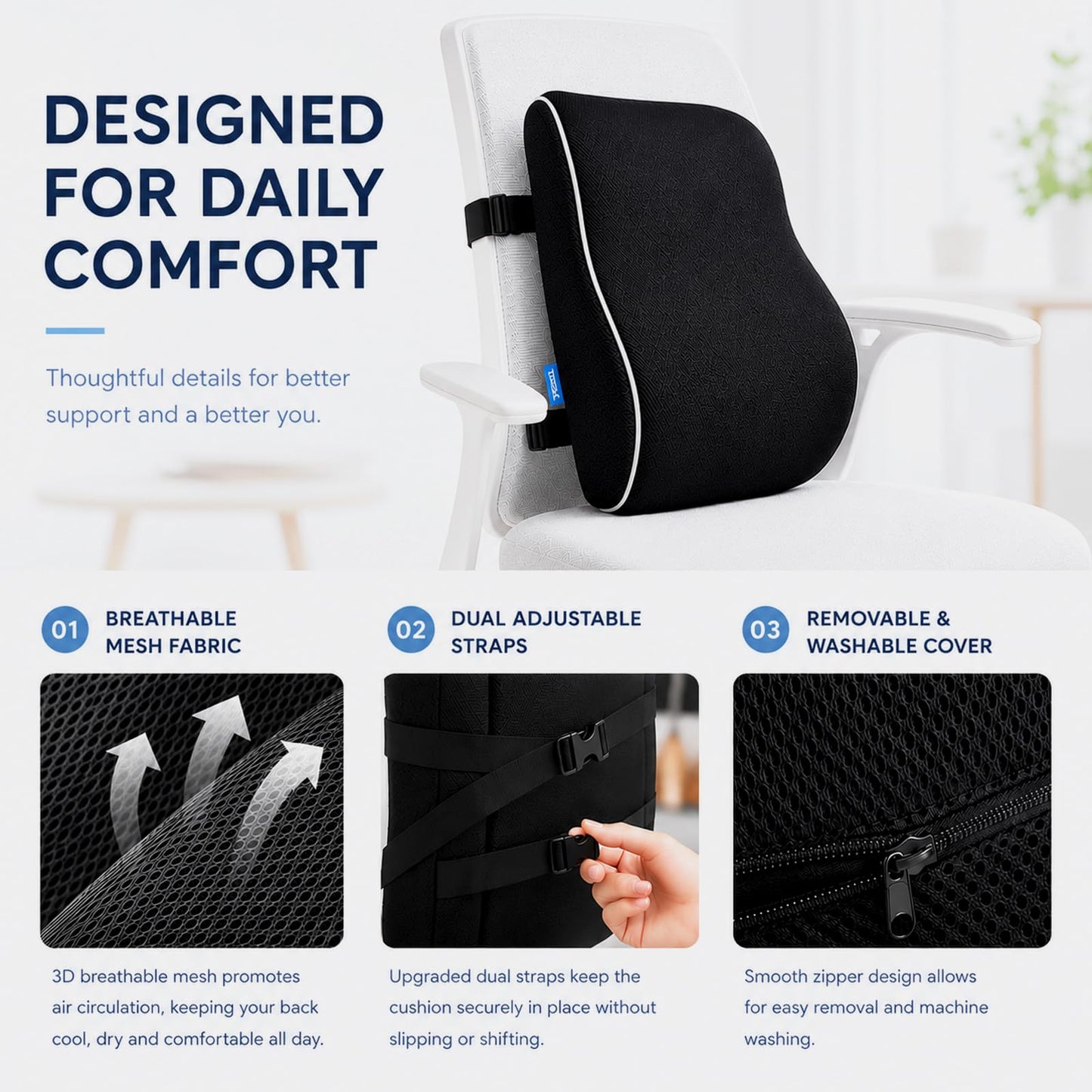 QUTOOL Lumbar Support Pillow for Office Chair, High-Density Memory Foam Back Cushion with Dual Adjustable Straps, Breathable 3D Mesh Cover, Ergonomic Back Support for Everyday Sitting - Available at All In One Marketplace Canada