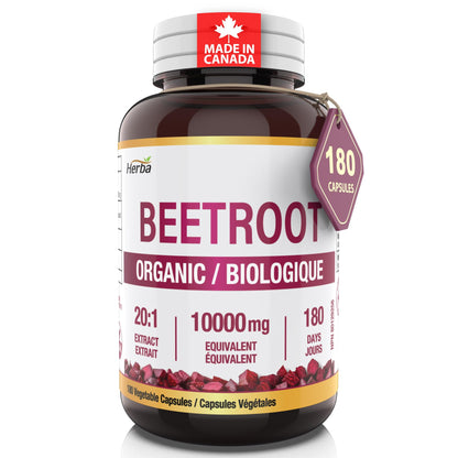 Herba 10,000mg Organic BeetRoot Capsules – 180 Count | 20:1 Beet Root Powder in Capsule | Nitric Oxide Supplements for Men & Women | Made in Canada - Available at All In One Marketplace Canada
