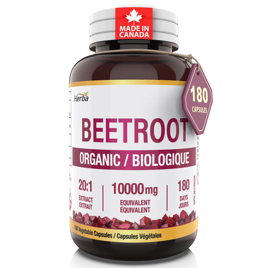 Herba 10,000mg Organic BeetRoot Capsules – 180 Count | 20:1 Beet Root Powder in Capsule | Nitric Oxide Supplements for Men & Women | Made in Canada - Available at All In One Marketplace Canada