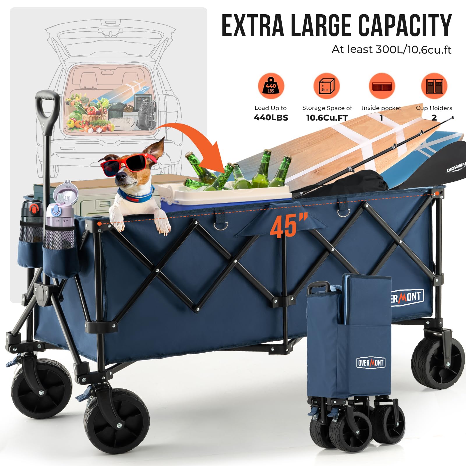 Overmont 300L Foldable Collapsible Wagon - Heavy Duty Utility Beach Wagon Cart with Rotatable Wide Wheels Inside Pockets for Camping Garden Shopping Sports - 440lbs Load OVERMONT