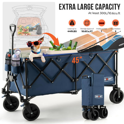 Overmont 300L Foldable Collapsible Wagon - Heavy Duty Utility Beach Wagon Cart with Rotatable Wide Wheels Inside Pockets for Camping Garden Shopping Sports - 440lbs Load OVERMONT