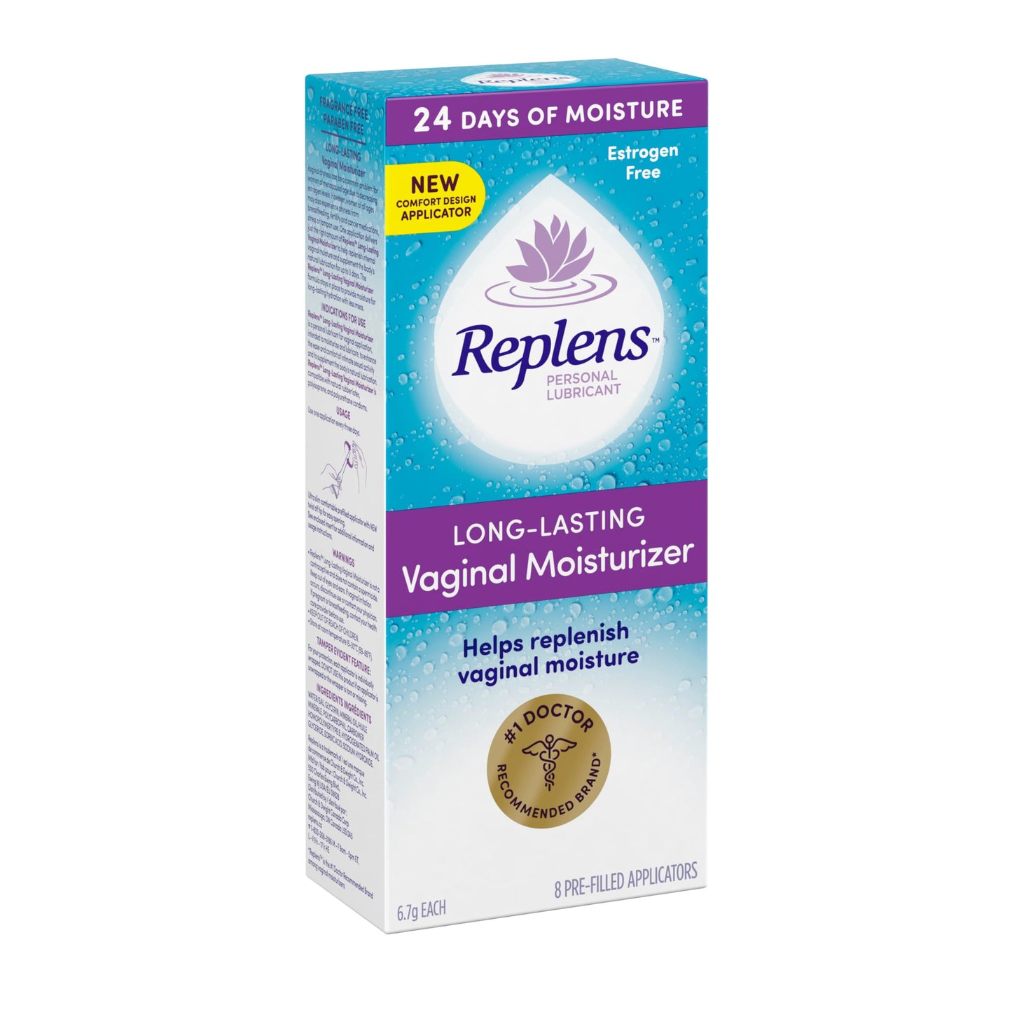Replens Long-Lasting Vaginal Moisturizer and Lubricant, Replenish internal vaginal moisture, Immediate relief, Paraben free, Estrogen Free, Fragrance Free, 8 Applications, 53.6 g Replens