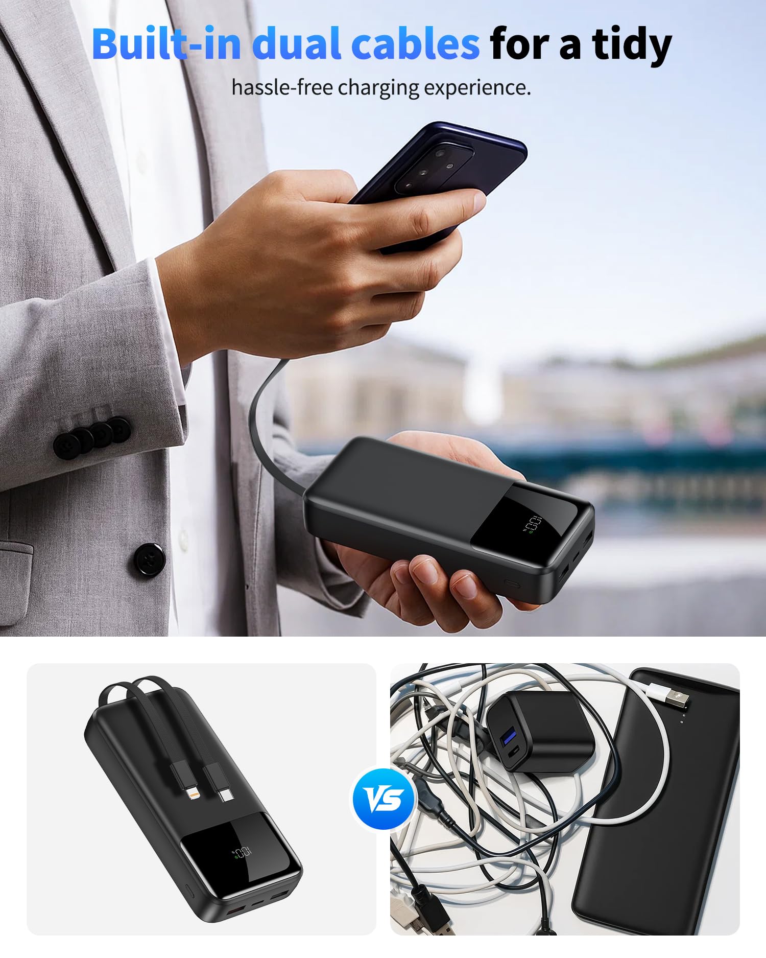 Power Bank Portable Charger 40000mAh, 22.5W Fast Charging, Built-in 2 Output Cable, Charge 5 Devices Simultaneously LCD Display for iPhone and Android Phones and Most Electronic Devices - Available at All In One Marketplace Canada