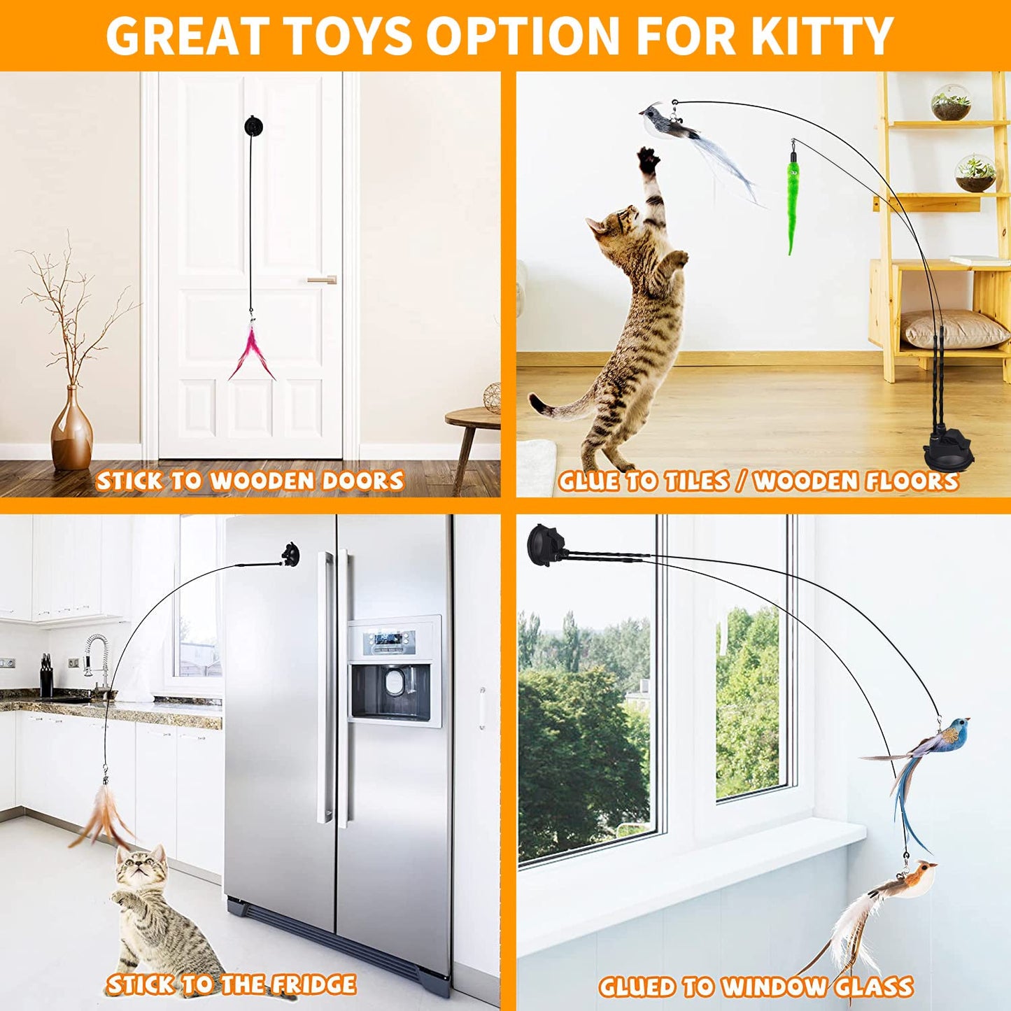 Cat Feather Toys, Cat Toys Wand, Interactive Cat Toy with Super Suction Cup, 2 PCS Cat Wand Toy and 6 PCS Feather Replacements with Bell, Interactive Cat Toy Kitten Toys for Indoor Play Chase Exercise (Natural)