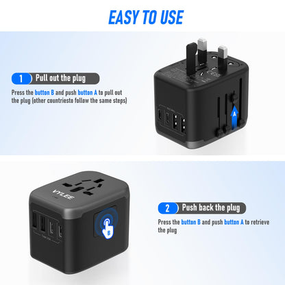 VYLEE Universal International Power Travel Plug Adapter, 5 in 1 European Travel Plug Adapter W/ 3.5A 2xUSB-A and 2xUSB C Wall Charger and Worldwide AC Outlet for Europe USA UK AUS Asia (Black Grey)