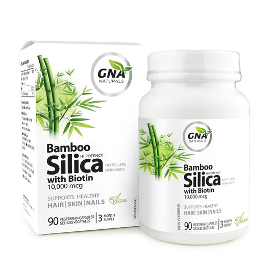 GNA Naturals - Bamboo Silica with Biotin 10,000mcg, 90 v-caps - A Supplement for Radiant Hair, Skin and Nails - Silica Supplement for Hair, Nail, Joint Care and Skin Vitality - Made in Canada - Available at All In One Marketplace Canada