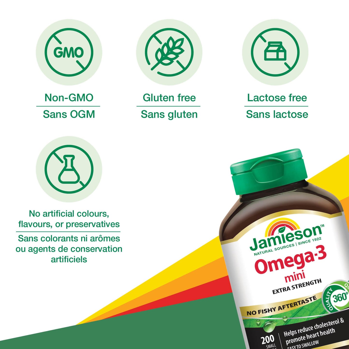 Jamieson Omega-3 Mini Softgels, No Fishy Aftertaste, Improves Heart Health, and Supports Brain Health. With 210 mg EPA and 140 mg DHA, No Burpback, Easy to Swallow, Gluten-Free, Non-GMO, 200 Count - Available at All In One Marketplace Canada