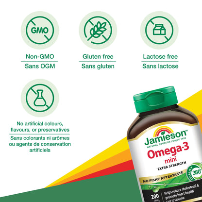 Jamieson Omega-3 Mini Softgels, No Fishy Aftertaste, Improves Heart Health, and Supports Brain Health. With 210 mg EPA and 140 mg DHA, No Burpback, Easy to Swallow, Gluten-Free, Non-GMO, 200 Count - Available at All In One Marketplace Canada
