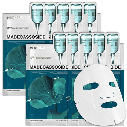 MEDIHEAL Madecassoside Essential Face Mask - Korean Skincare, Blemish Repair with Hyaluronic Acid, Moisture Barrier & Skin Texture Care for Women, Vegan Formula (10 Sheets)