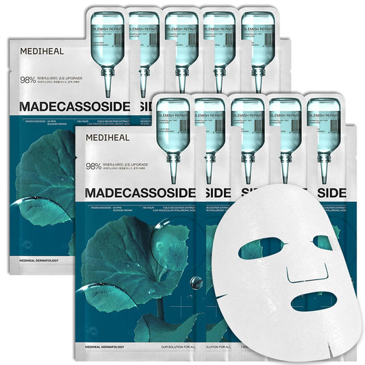 MEDIHEAL Madecassoside Essential Face Mask - Korean Skincare, Blemish Repair with Hyaluronic Acid, Moisture Barrier & Skin Texture Care for Women, Vegan Formula (10 Sheets)