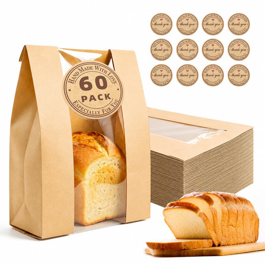 Homrelaxy 60Pcs Paper Bread Bags for Homemade Bread, Sourdough Bag with Window, 13.7 x 8.3 x 3.5 Inch Large Brown Kraft Bakery Bags for Storing Loaves & Snacks, Includes 70 Sealing Stickers - Available at All In One Marketplace Canada
