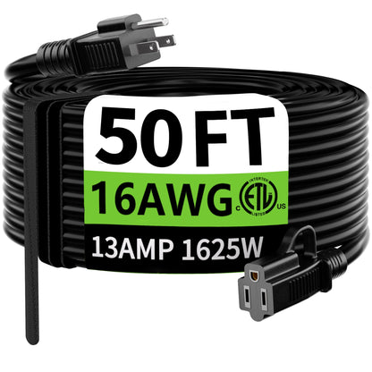 HUANCHAIN Indoor Outdoor Black Extension Cord 50 ft Waterproof, 16/3 Gauge Flexible Resistant Appliance Extension Cord Outside, 13A 1625W 16AWG SJTW, 3 Prong Electric Cable, ETL