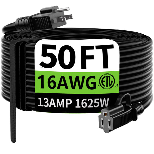 HUANCHAIN Indoor Outdoor Black Extension Cord 50 ft Waterproof, 16/3 Gauge Flexible Resistant Appliance Extension Cord Outside, 13A 1625W 16AWG SJTW, 3 Prong Electric Cable, ETL