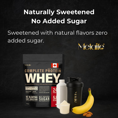 MetaLife Complete Whey Protein Powder – 24g Protein, 5.8g BCAAs, Sugar-Free, Gluten-Free, 714g (21 Servings) – French Vanilla