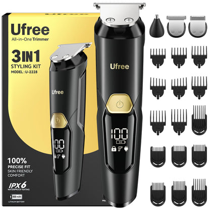 Ufree 3-in-1 Beard Trimmer for Men, Waterproof Electric Razor Shaver for Facial Hair, Rechargeable Hair Trimmer Clippers Grooming Kit, Gifts for Husband Father - Available at All In One Marketplace Canada